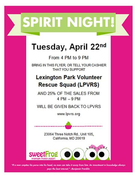 Sweet Frog Spirit Night Fundraiser - Lexington Park Volunteer Rescue Squad
